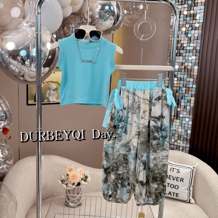 与非中大童新款时髦气质女孩儿童无袖背心夏季两件套女童夏装套装