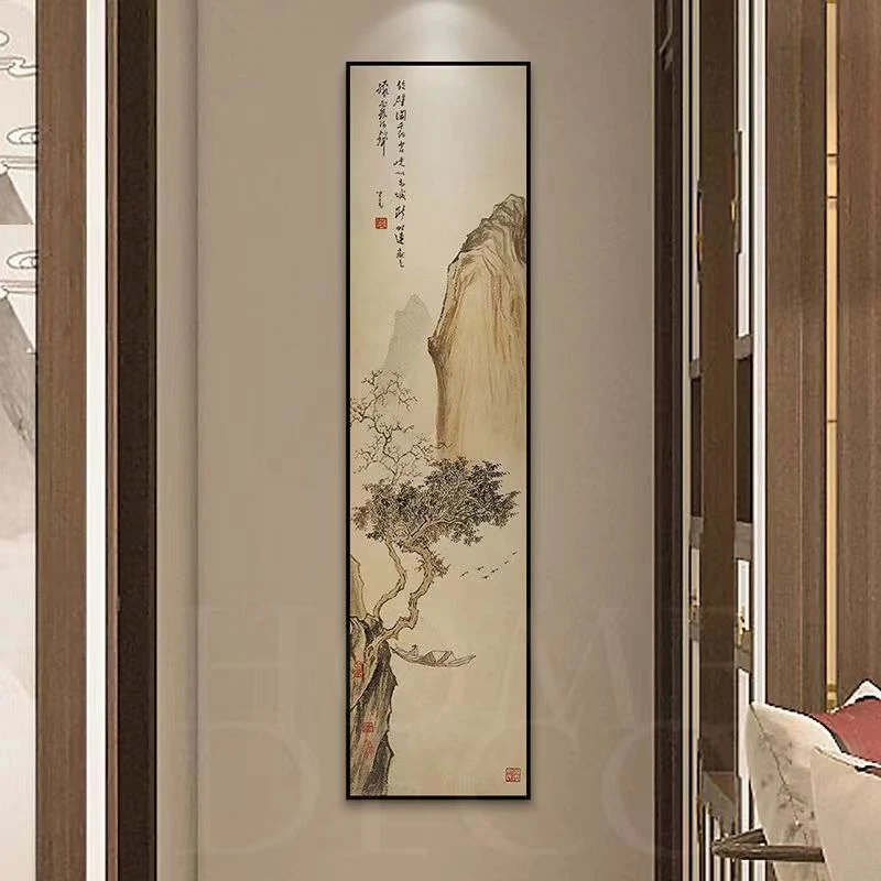 新中式挂画竖版长条山水画客厅国画玄关装饰画过道书房茶室字画