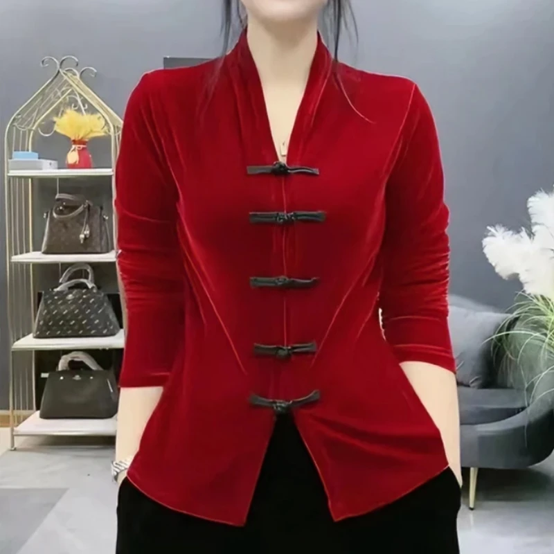 中国风金丝绒上衣2024秋季新款v领盘扣小衫女士洋气T恤打底衫大码