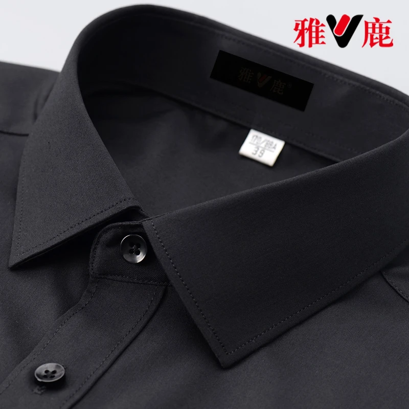 V/雅鹿经典黑色商务长袖衬衫高端上档次绅士衬衣中年爸爸品牌男装
