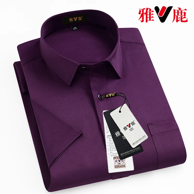 V/雅鹿高品质紫色休闲纯色百搭免烫易打理商务冰丝男衬衣衬衫正装