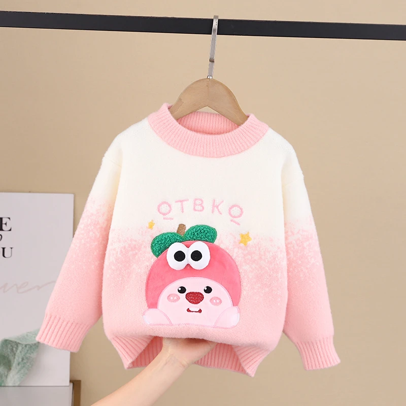 女童毛衣2024秋冬季新款洋气针织打底衫宝宝卡通圆领套头不起球