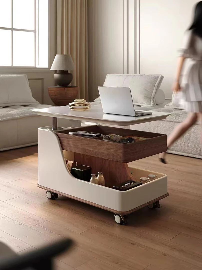 实木茶几可移动阳台茶桌小户型岩板升降茶台现代轻奢简约沙发边几