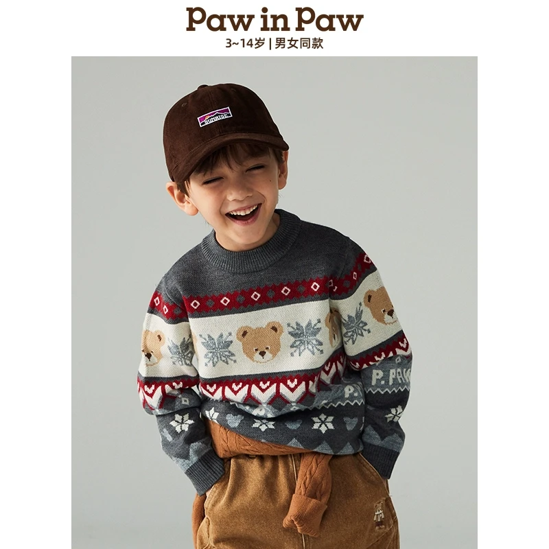 PAWINPAW2024年秋冬新款男女童圣诞提花圆领针织毛衣PCKAE4C32M