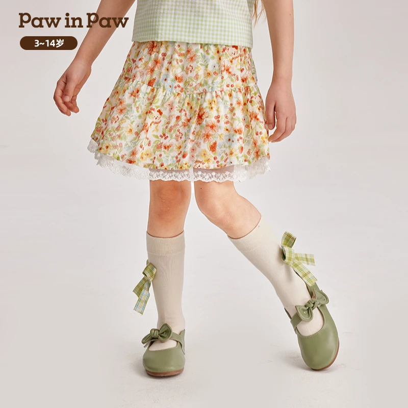 PawinPaw卡通小熊童装2024年夏季新款女童儿童满印蕾丝花边短裙