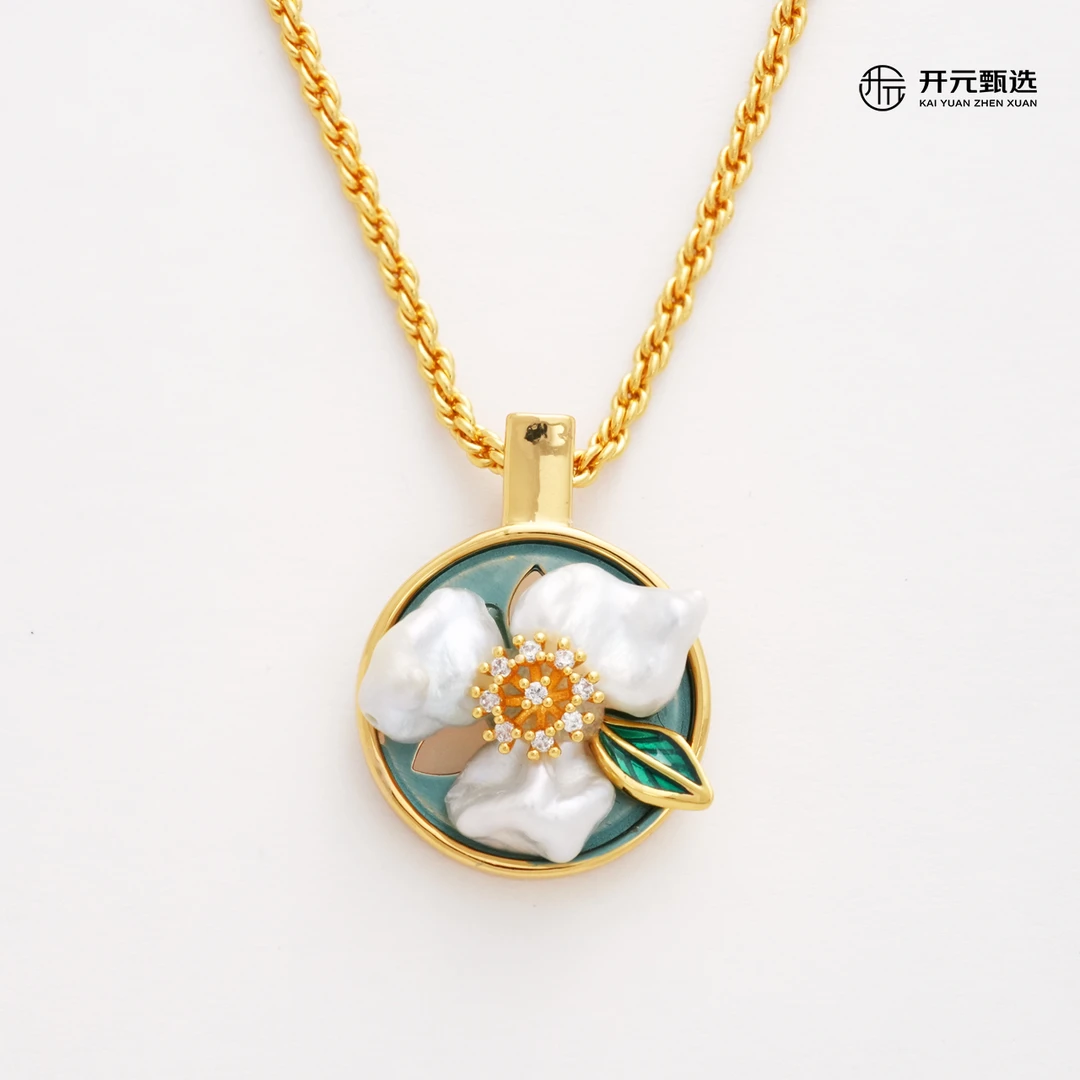 铜合金项链 雪隐桃雾项链手工气质白色时尚绿色复古镶嵌金色坠链