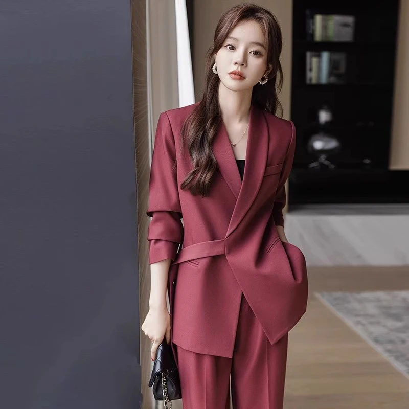酒红色休闲西装外套女2024新款春秋时尚高端职业西服套装女高级感