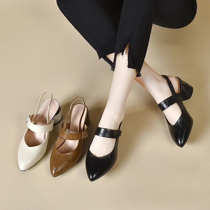 纤芙森百搭粗跟软底夏季尖头女凉鞋软面休闲时尚1