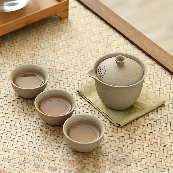 粗陶旅行茶具套装便携式茶具户外露营泡茶手抓一壶三杯快客杯D030