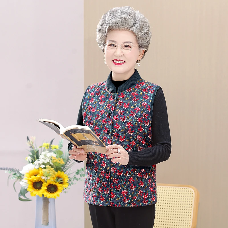 中老年人秋装马夹女奶奶背心夹棉妈妈装春秋款圆领坎肩老太太衣服