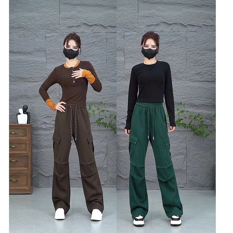 小个子美式工装运动裤女2024冬季新款宽松卫裤休闲高腰垂感直筒裤