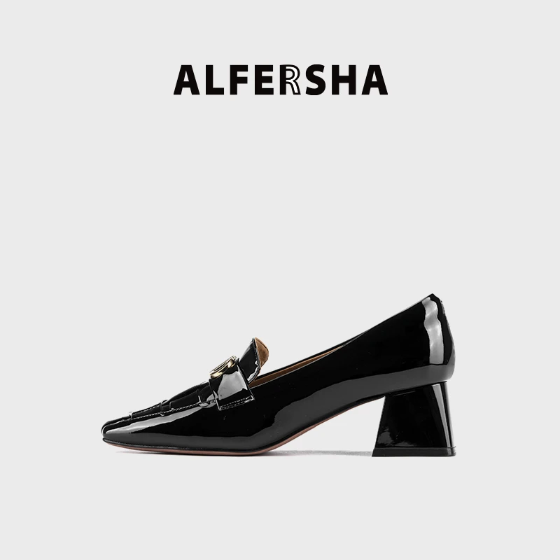 阿芙莎广系联名款2619131新款百搭英伦风编织纹金属扣方跟乐福鞋B