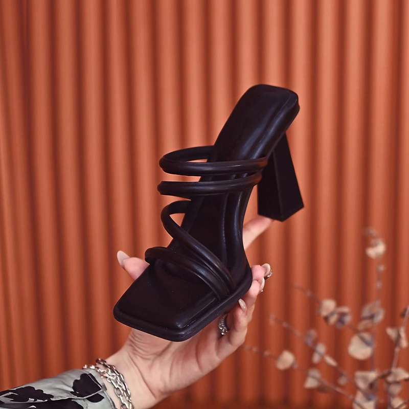 时尚外穿一字拖鞋女夏季粗跟超高凉拖鞋2024年新款方头百搭高跟鞋