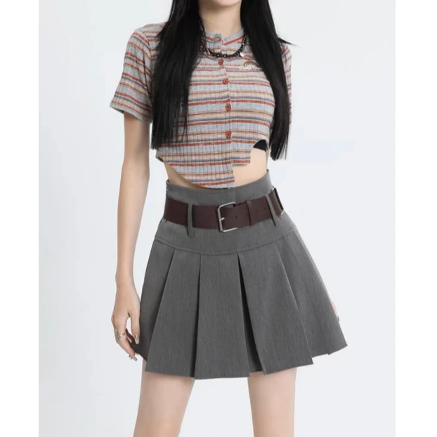 灰色高腰百褶裙女春秋2024新款小个子显瘦黑色短裙a字jk半身裙子