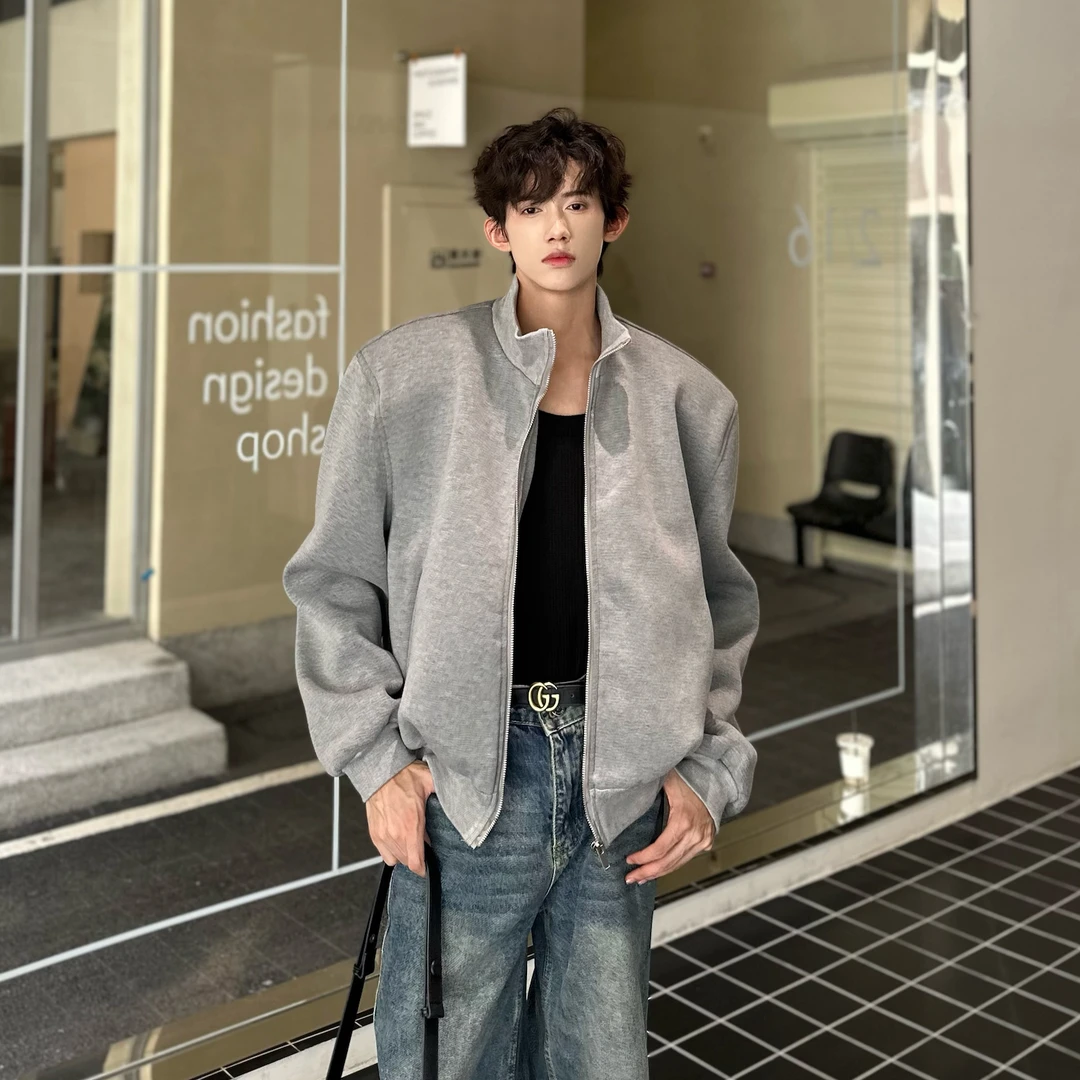 花灰色小众cleanfit设计感垫肩外套男高级感廓形短款飞行夹克春