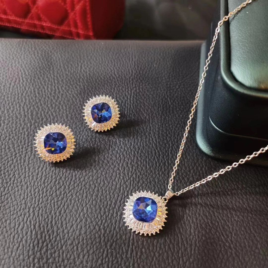 0908蓝色方块项链+耳钉+两件套