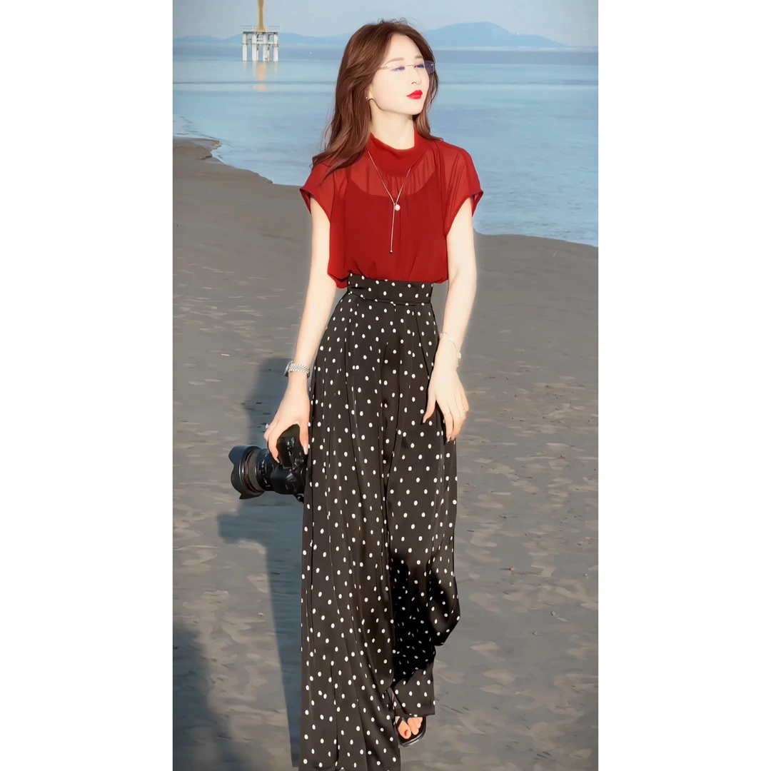 夏季显瘦气质高腰时尚休闲宽松减龄波点设计感阔腿裤