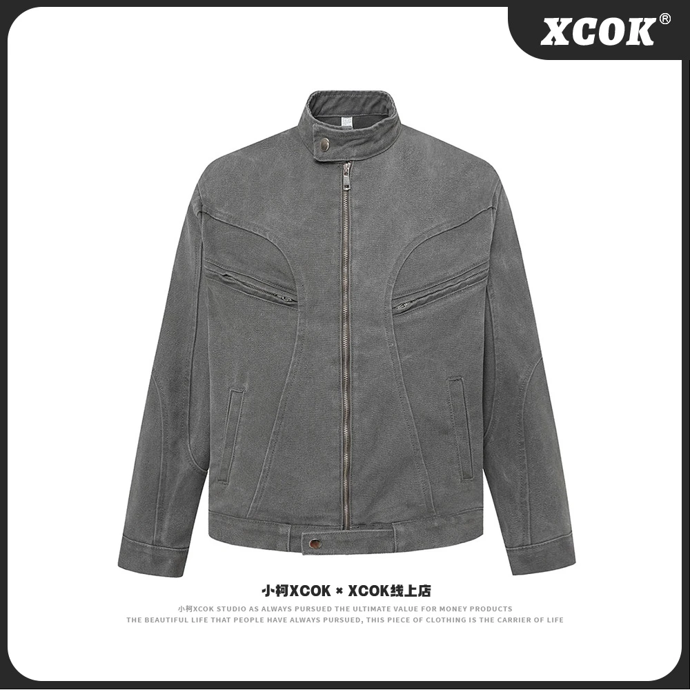 小柯XCOK 美式复古水洗弧形裁拼设计感短款牛仔夹克外套B3177