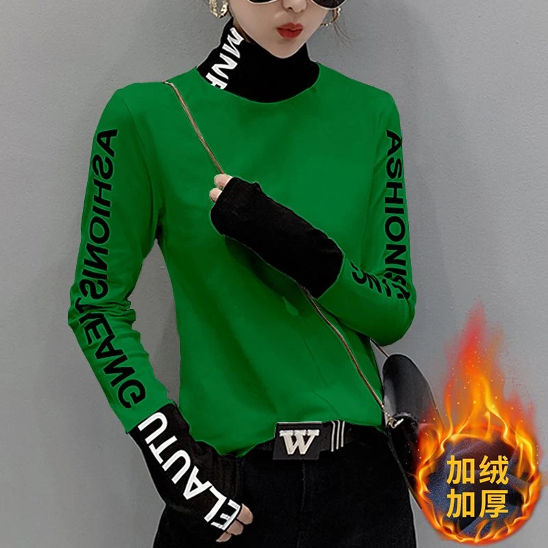 欧洲站2023新款设计感T恤长袖洋气上衣气质高领打底衫女秋冬加绒