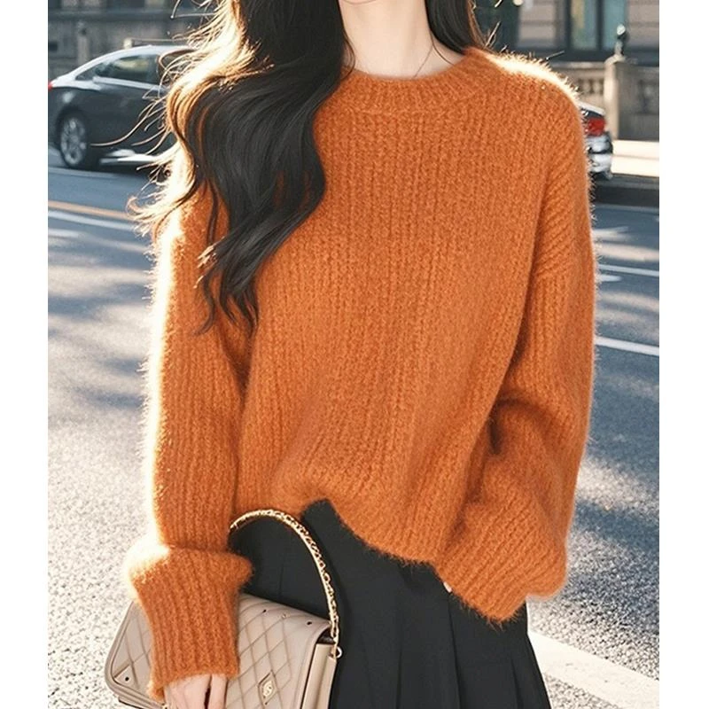 时尚休闲慵懒风南瓜色圆领长袖针织衫女秋冬款独特超好看内搭毛衣