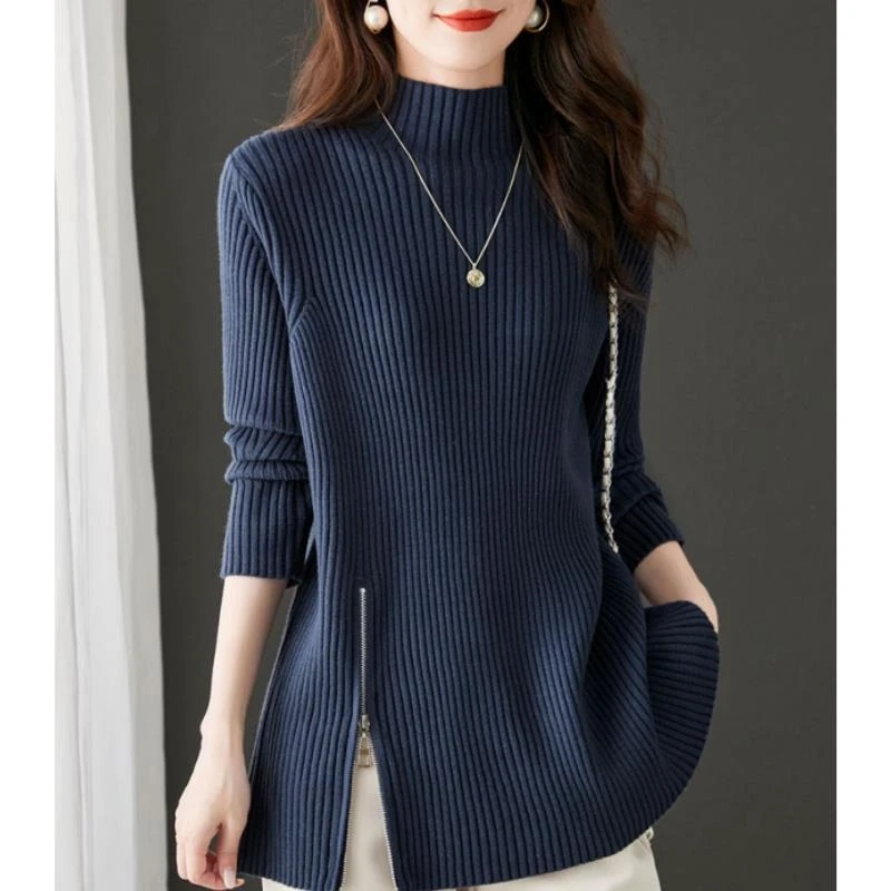 高级感中长款毛衣女2025年秋冬新款下摆开叉上衣半高领针织打底衫