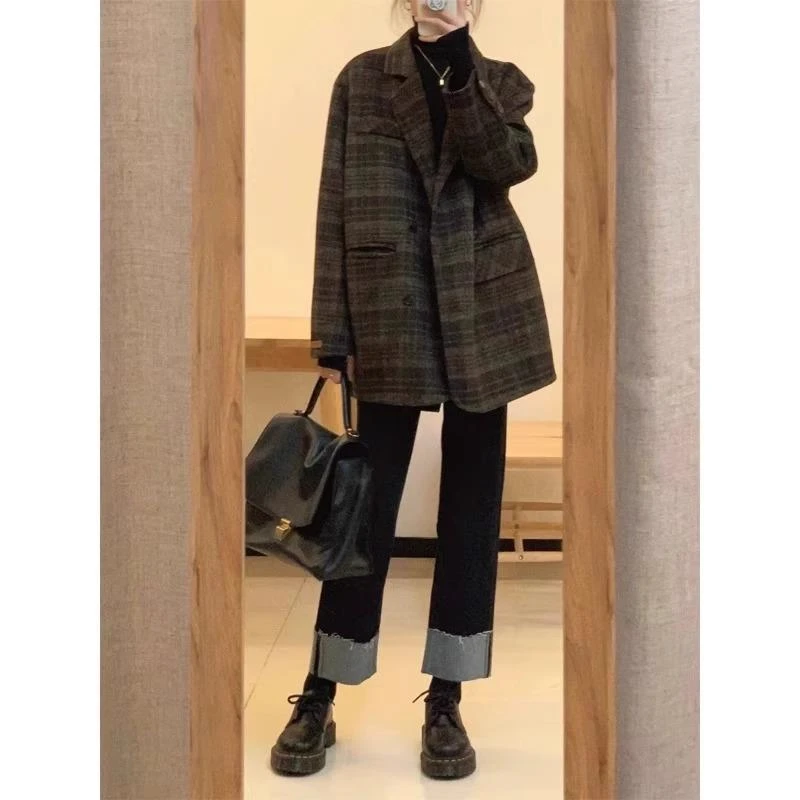 2024秋冬新款法式复古格子西装毛呢外套大码女装胖mm宽松呢子大衣