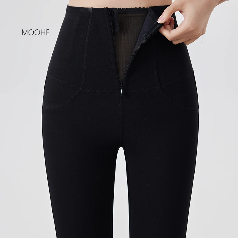 春夏打底裤女外穿薄款塑形拉链小黑裤显瘦弹力收腹小脚裤高腰大码