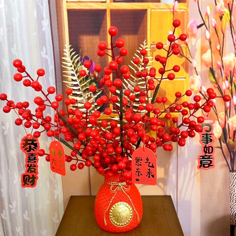 钱袋发财果家居摆件旺财花瓶福袋红浆果招财福袋客厅玄关家居摆件