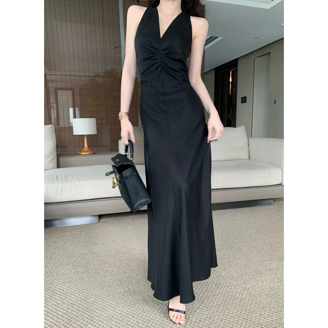 JIJINQI【现货】显瘦V领黑色连衣裙夏季法式性感连衣裙 JC05LZPT050