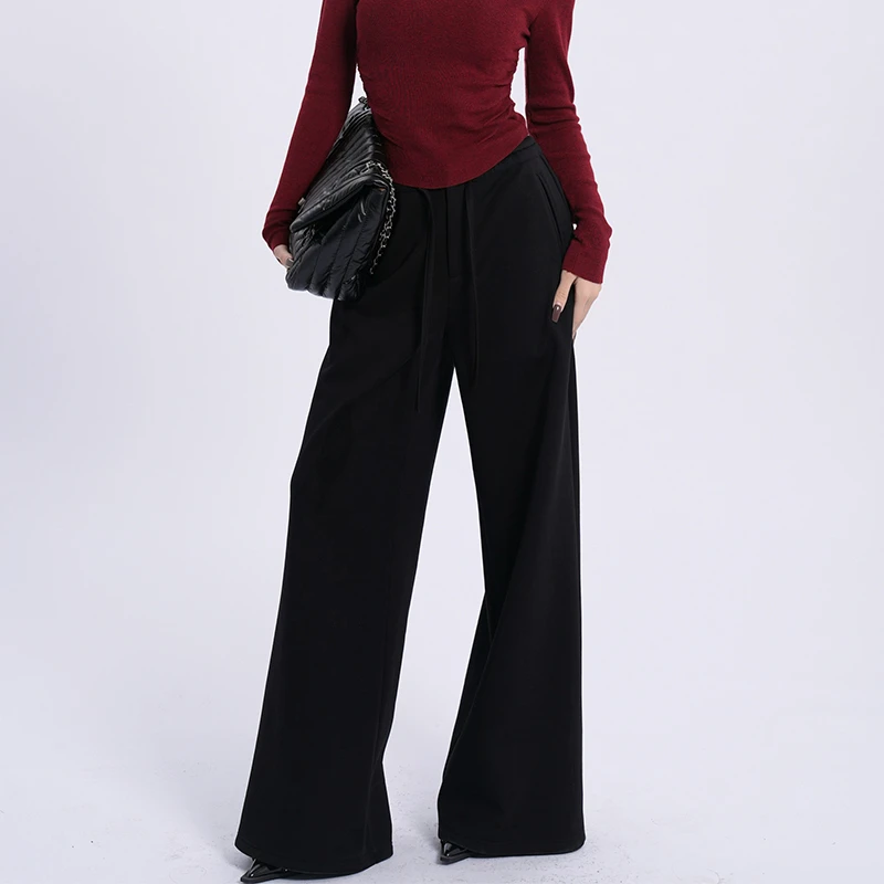 JIJINQI秋冬黑色垂感直筒裤高腰时尚宽松拖地阔腿休闲裤JINQB1125