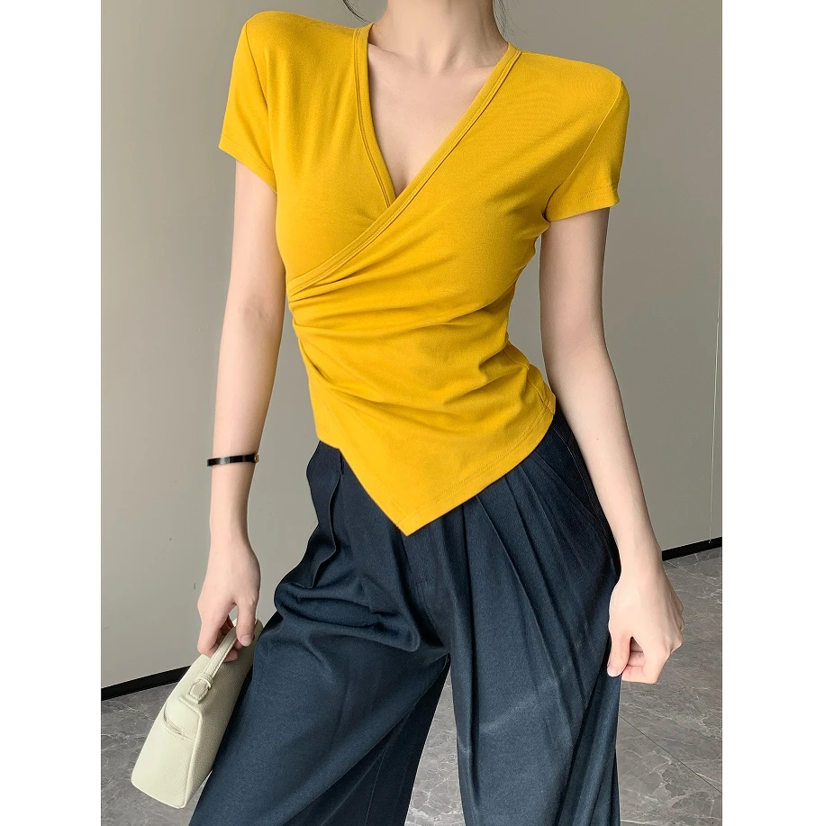 JIJINQI显瘦修身v领短袖上衣夏季新款不规则短袖t恤女JC05SZPT034