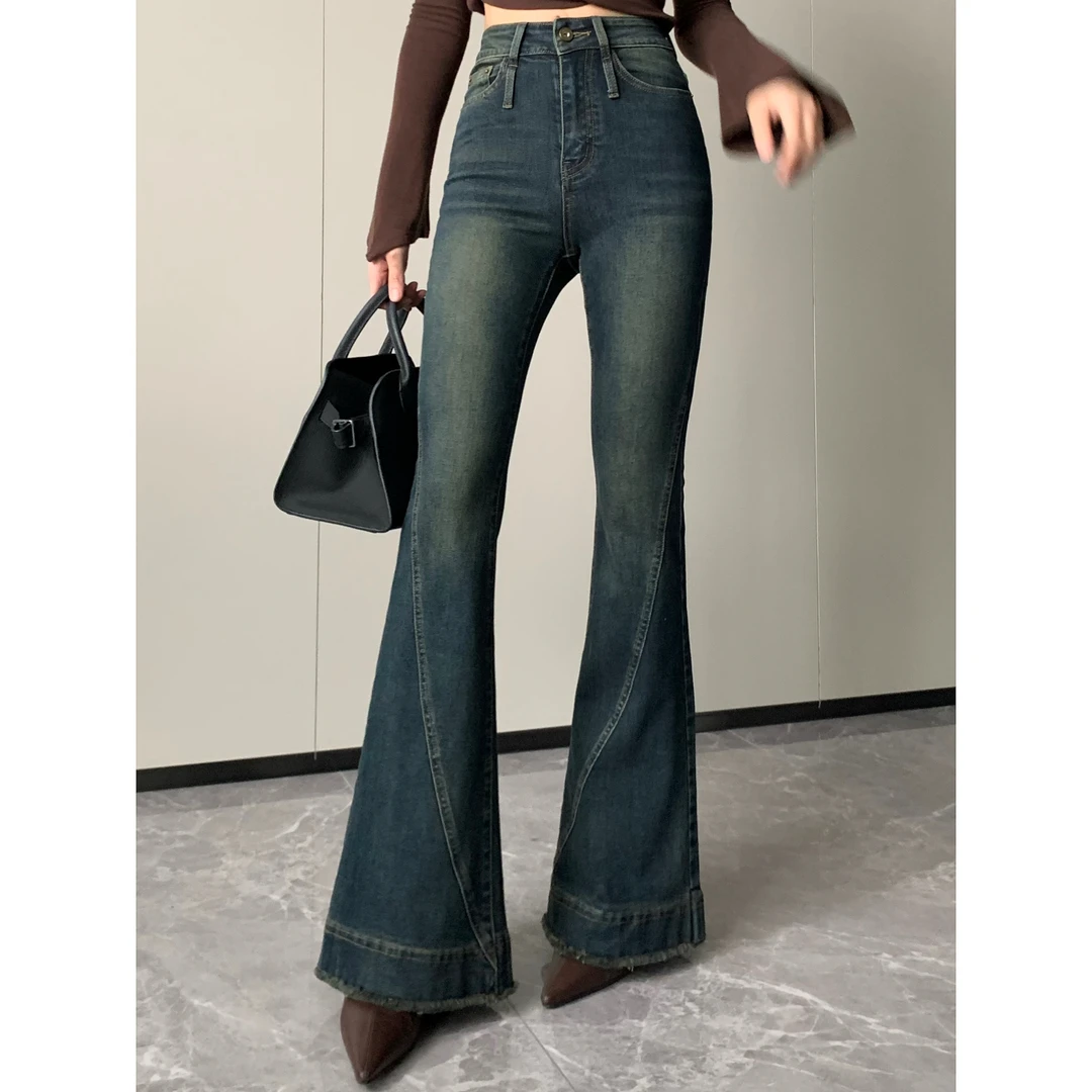 JIJINQI春秋中高腰拼接修身复古显瘦外穿微喇叭牛仔裤 JINQB1011