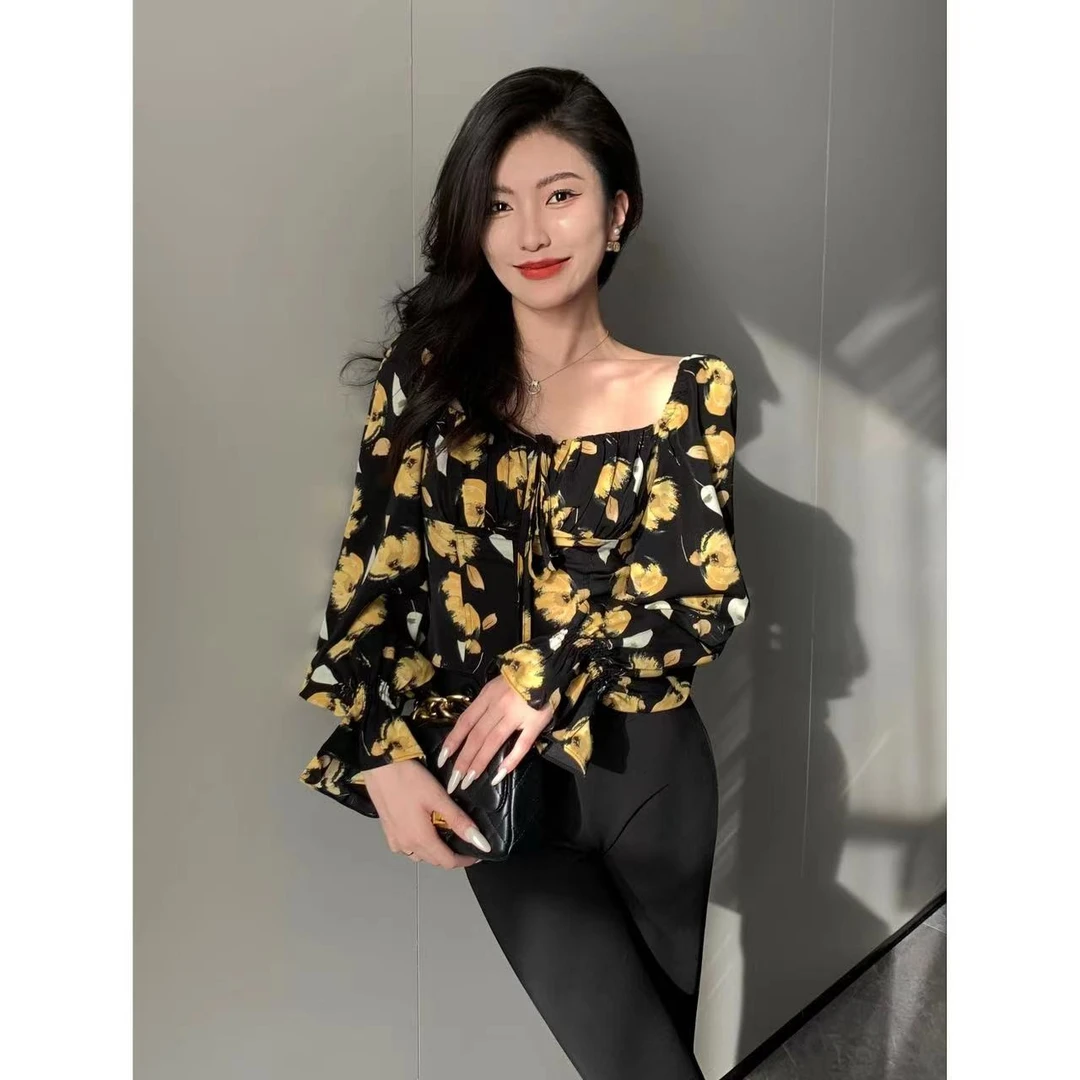 JINQ黄色小众碎花方领衬衫两穿一字领长袖法式衬衣JINQB0750