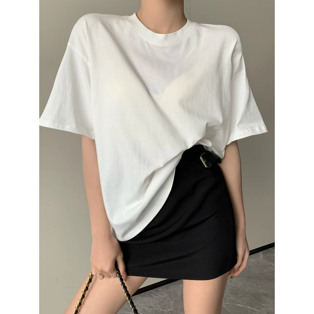 JIJINQI100%棉白色圆领百搭上衣夏季宽松百搭短袖t恤女 JINQC0576