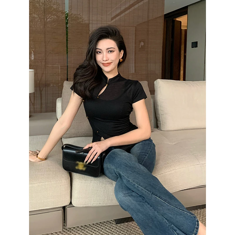 JIJINQI新中式国风镂空气质短袖T恤女不规则上衣 JINQCSP0302