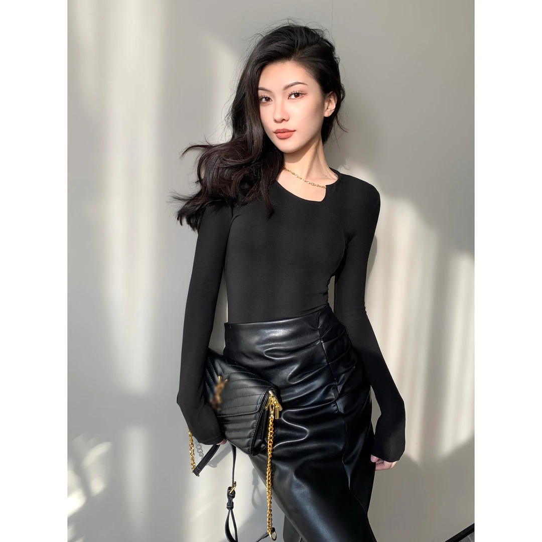 JIJINQI修身黑色设计感上衣长袖显瘦性感毛针织衫 JINQBSP0917