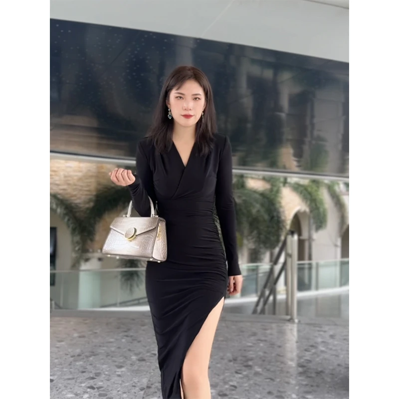 LIYAN 原创女装水晶麻纱连衣裙秋时尚高级感纯色V领长袖修身裙子