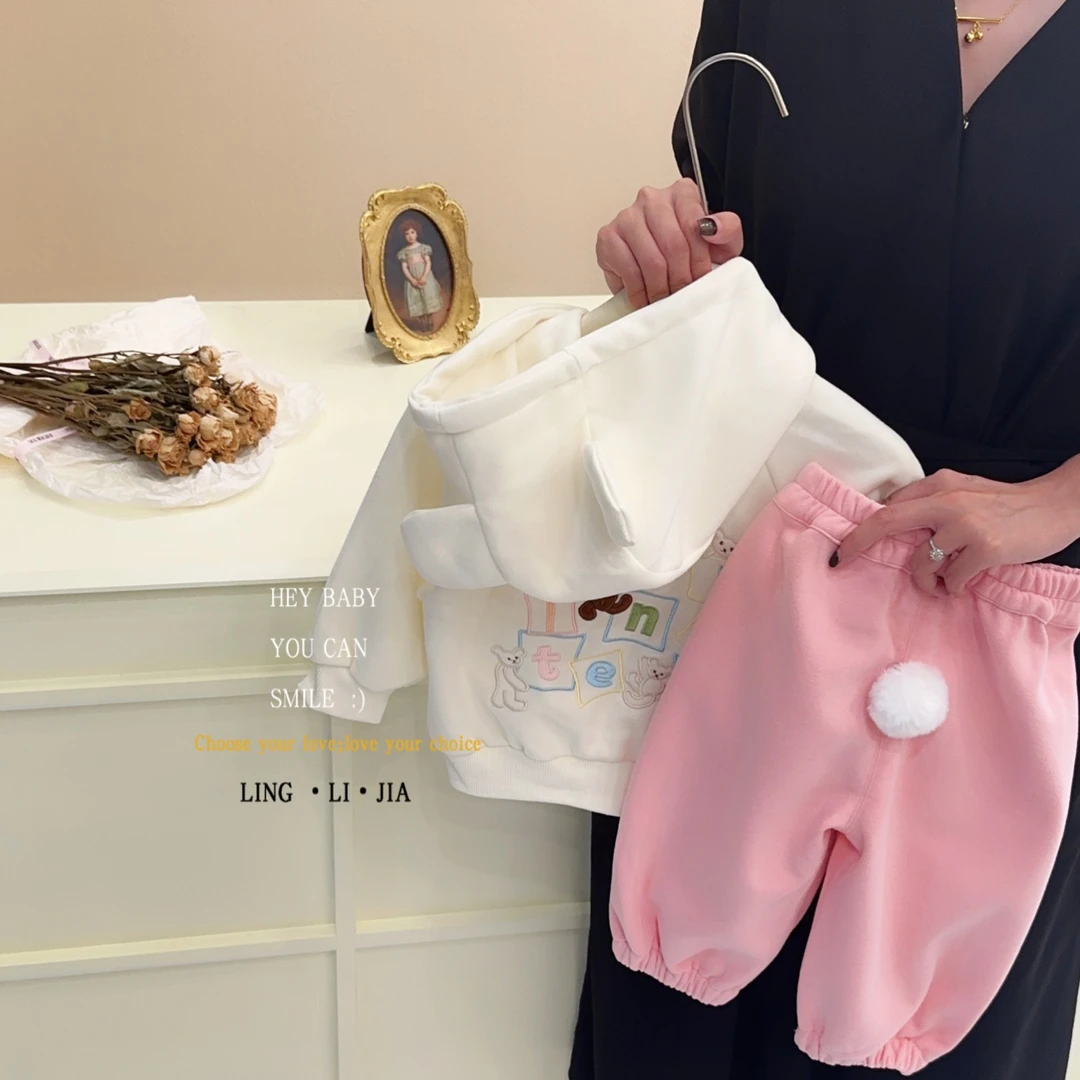 2023韩版春秋ins小熊耳朵开衫外套休闲裤子儿童男女同款套装