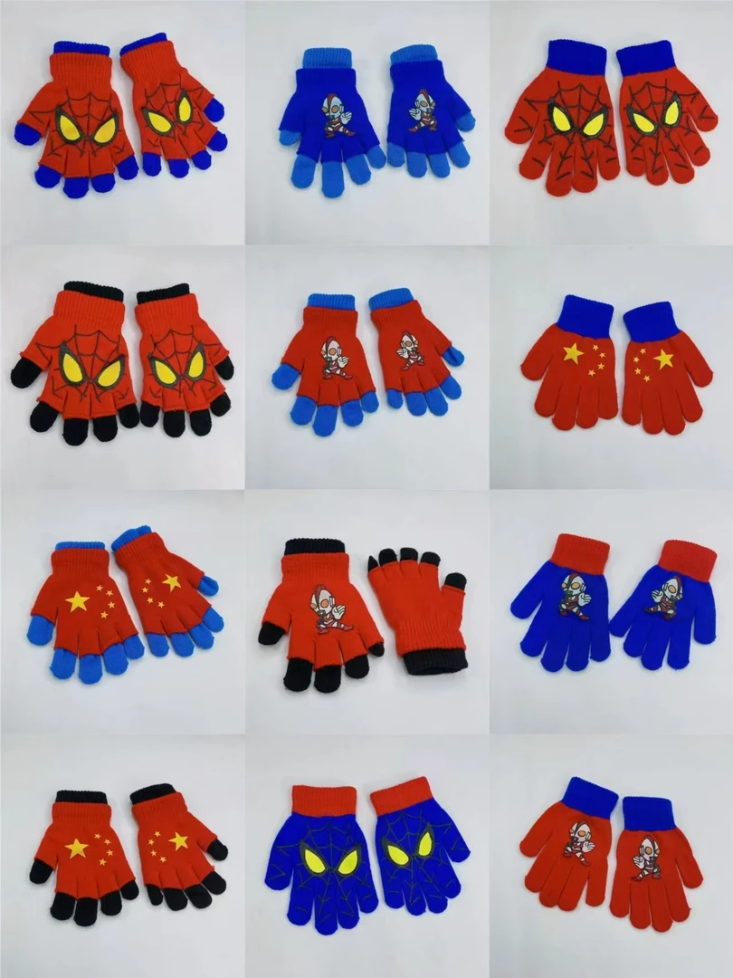 秋冬儿童手套男童卡通迪迦凹凸曼蜘蛛侠薄款加厚双层翻盖保暖手套