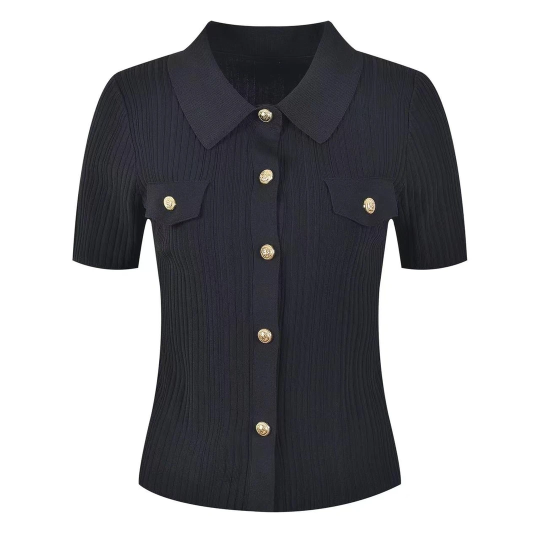 高级冰丝气质时尚轻奢翻领针织短袖D277