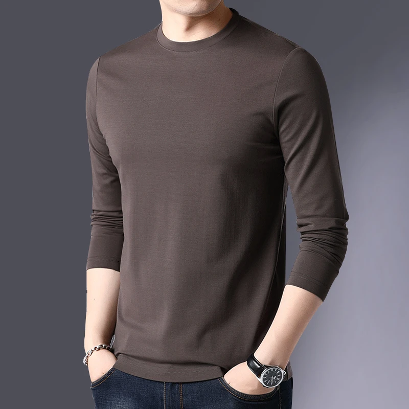 瑟图肖春秋韩版莫代尔纯白色打底衫长袖T恤男内搭桑蚕丝圆领T恤潮