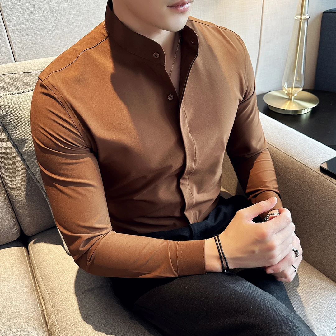 瑟图肖中式立领衬衫男士春秋季新款潮流长袖商务休闲暗扣修身衬衣