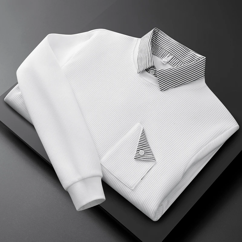 瑟图肖轻奢秋冬季新款长袖卫衣假两件男士衬衫翻领条纹撞色上衣