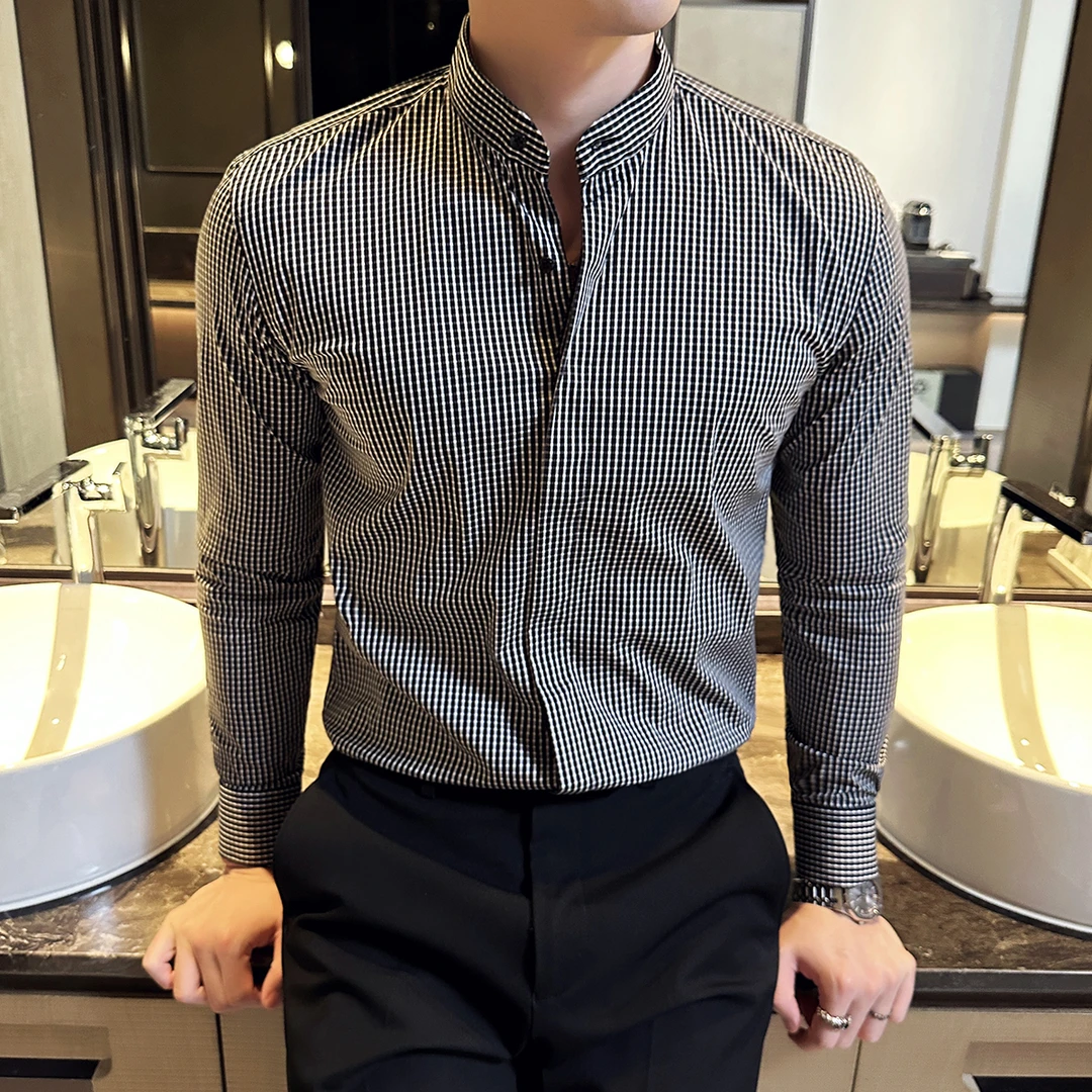 瑟图肖轻奢格纹衬衫男士长袖商务休闲百搭春秋英伦风修身暗扣衬衣
