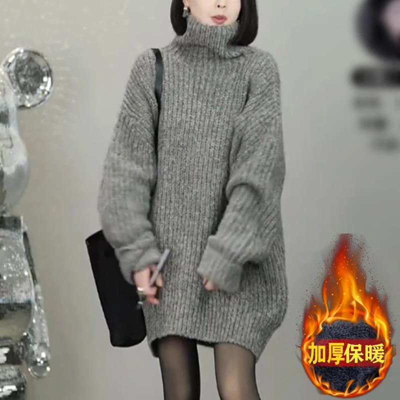 欧货高级感灰色高领毛衣女加厚冬季新款宽松大版中长版慵懒风上衣