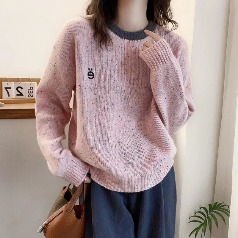 高级感超好看宽松质感拼色圆领花纱羊毛衫字母刺绣秋季长袖毛衣女