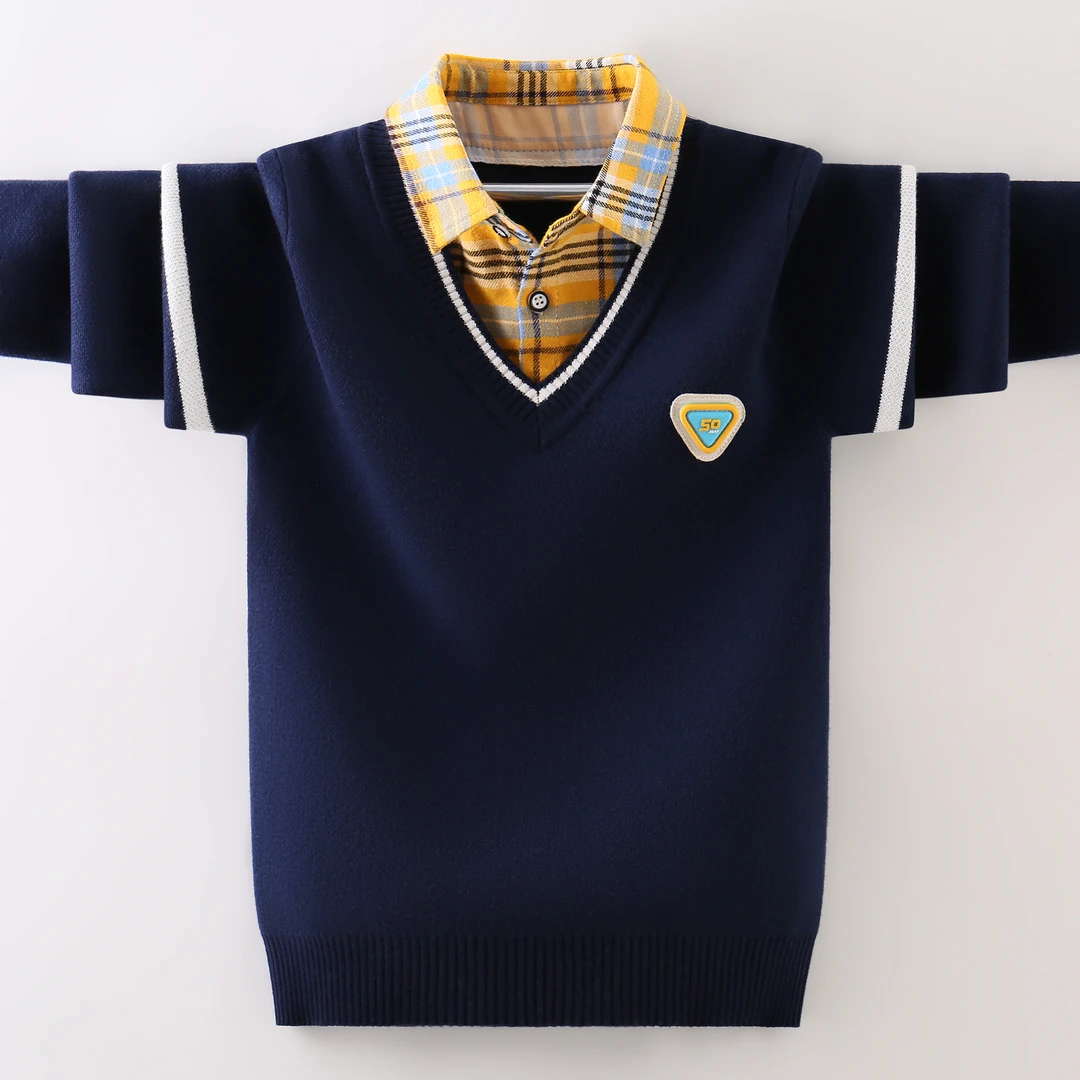 男童毛衣假两件春秋装纯棉儿童针织衫衬衫领学院风全棉中大童韩版