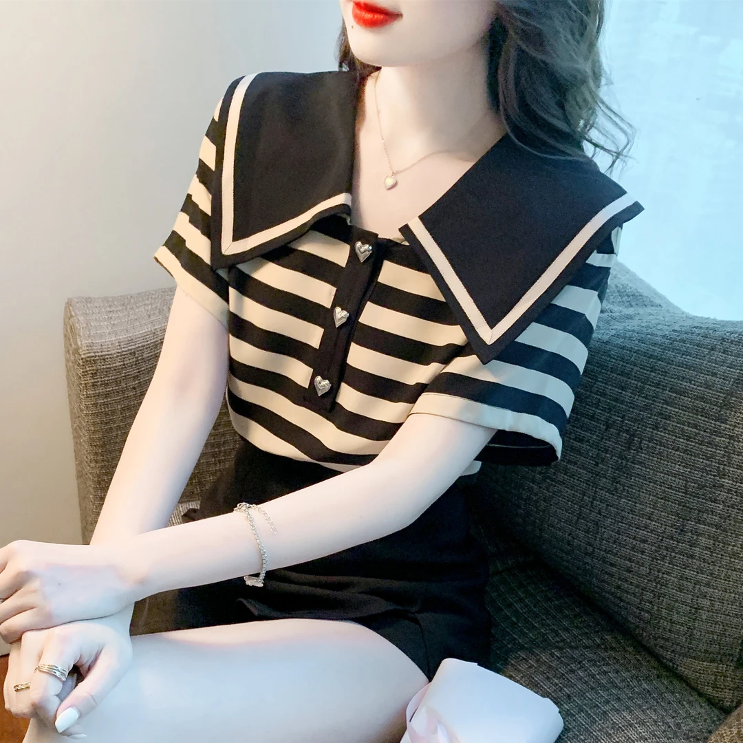 海军领条纹t恤女夏短袖2025年夏季新款宽松减龄体恤上衣洋气小衫