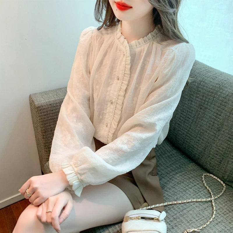 2025年新款春秋季法式气质木耳边长袖衬衫女士设计感百搭洋气上衣
