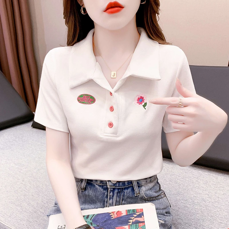 设计感正肩短袖t恤女士夏装2025新款polo领刺绣减龄别致小衫上衣